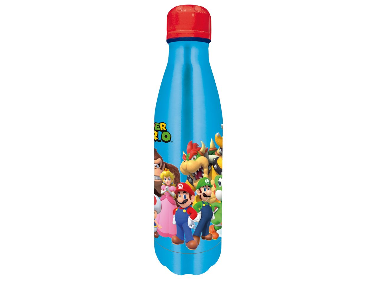 Синя бутилка за вода Super Mario с червена капачка.