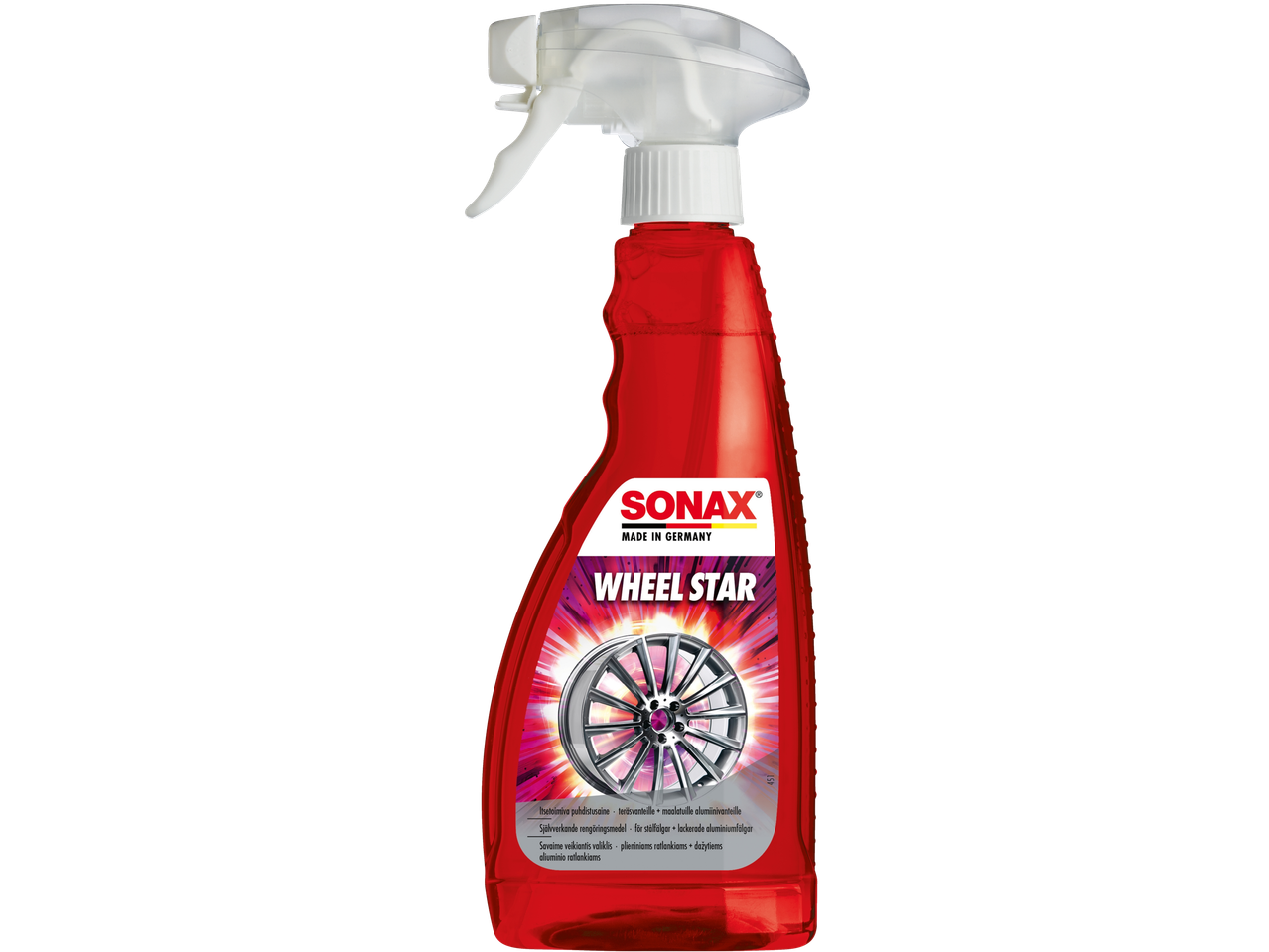 Sonax Wheel Star ratų valiklis raudoname purškimo butelyje.
