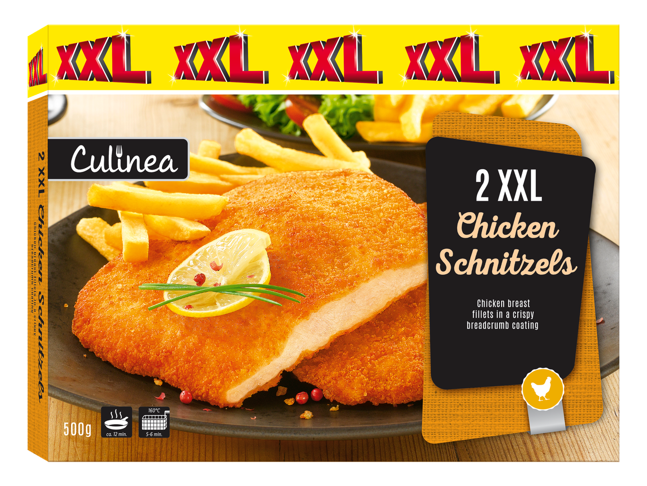 Culinea's 2 XXL kyckling schnitzlar, panerade kycklingfiléer, serveras med pommes frites.