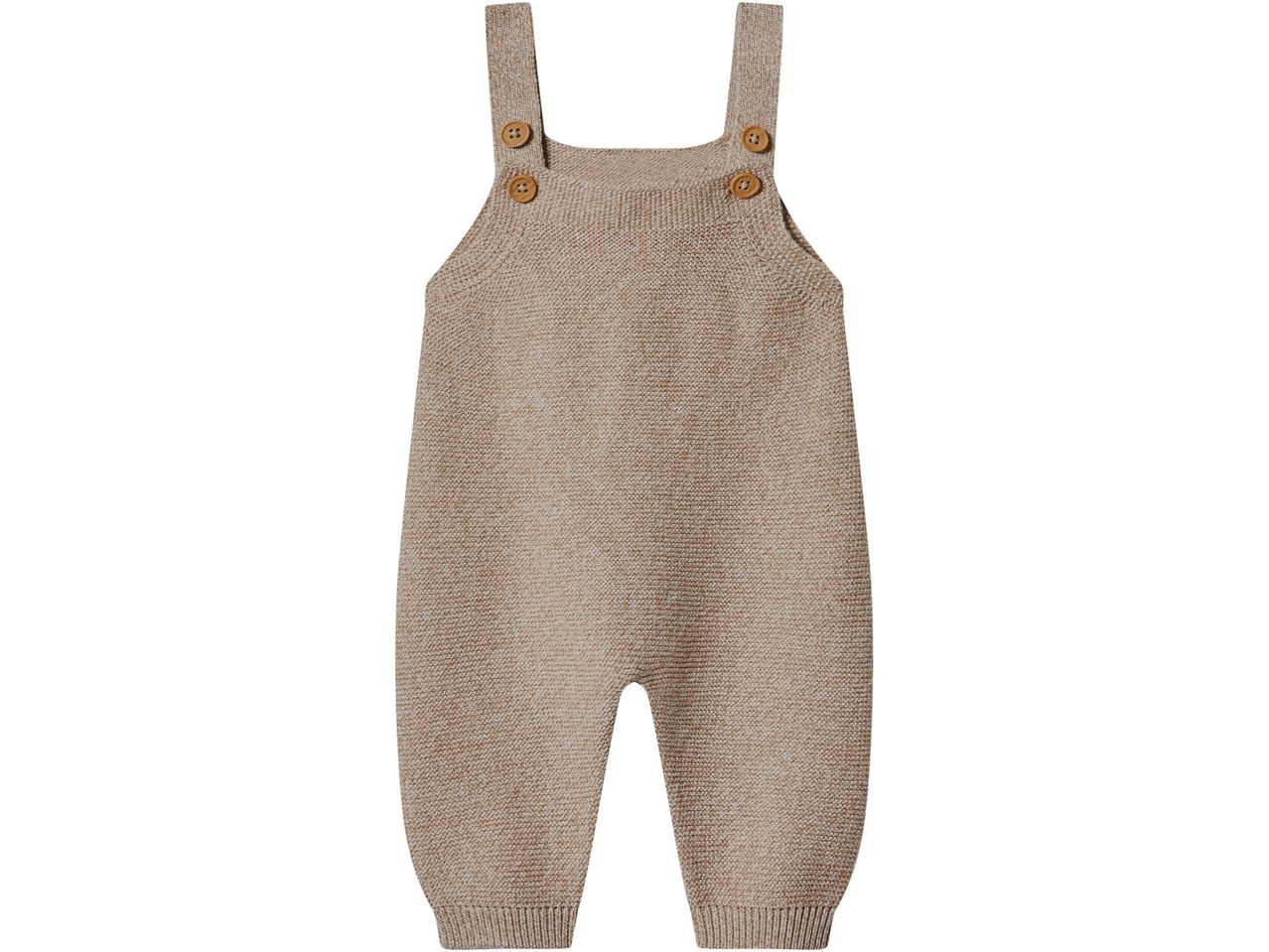 Knitted baby romper in a light brown color with shoulder straps and wooden buttons.