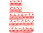 Christmas blanket with red and white festive patterns, including trees and ornaments.