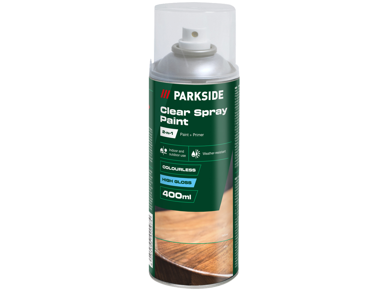 Spray de tinta transparente PARKSIDE 2-em-1, alto brilho, 400ml, para interior e exterior