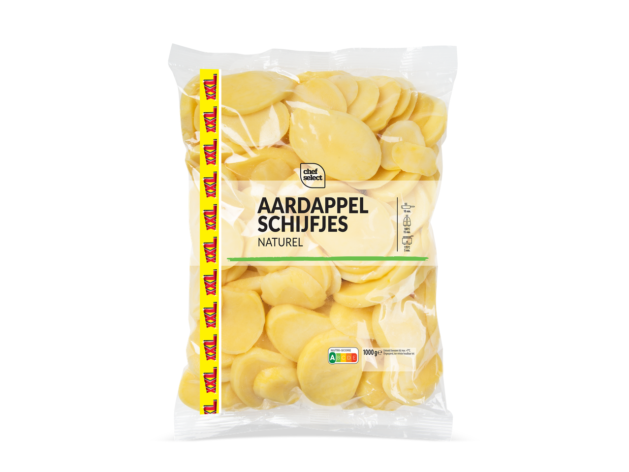Een zak aardappelschijfjes naturel van 1000 gram, met bereidingsinstructies en Nutri-Score.