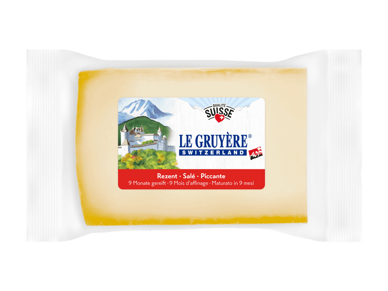 Fromage suisse emballé, affiné 9 mois, avec étiquette de montagne et château.