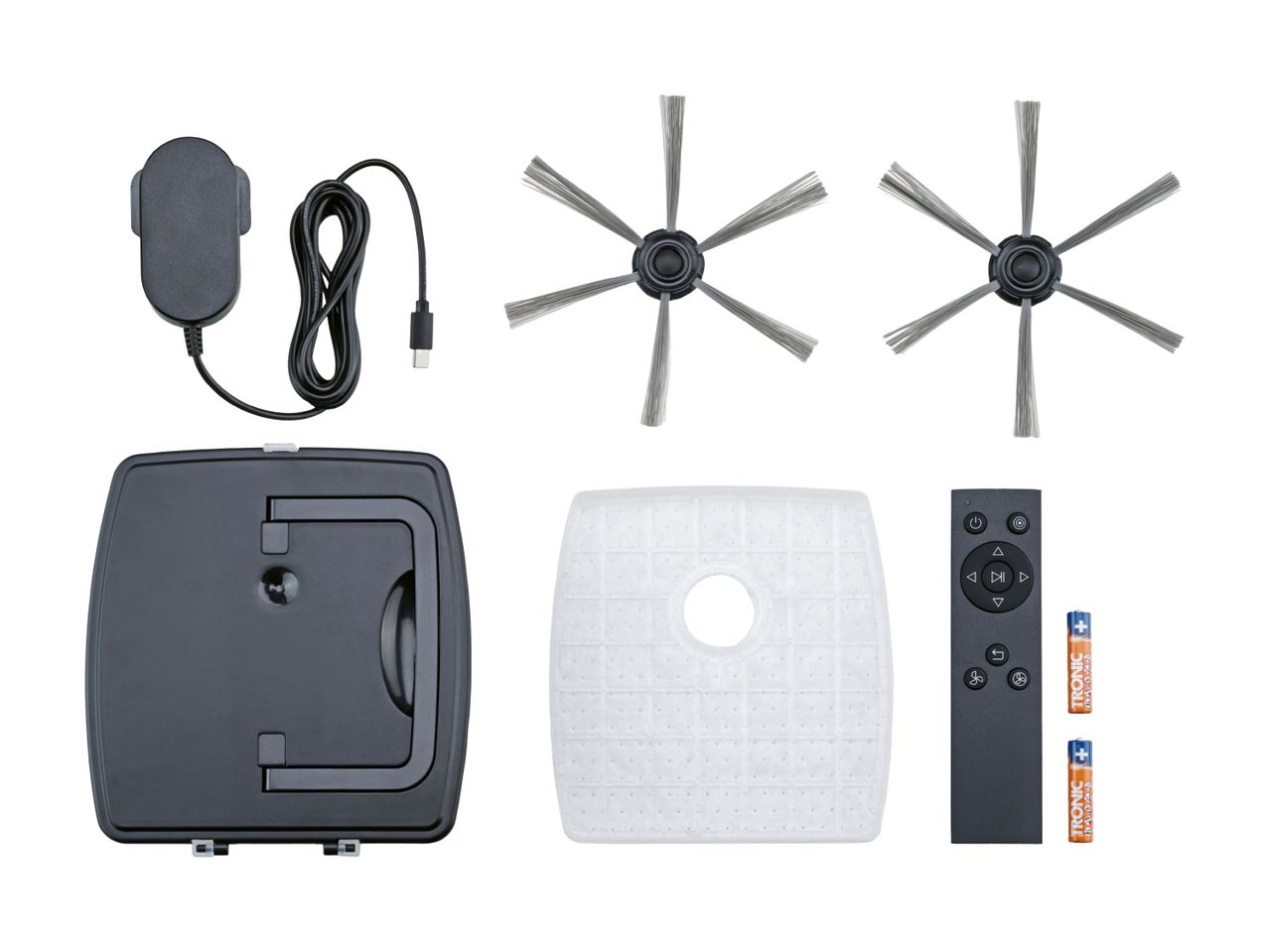 Robot vacuum cleaner accessories including charging dock, side brushes, filter, remote control, and batteries.