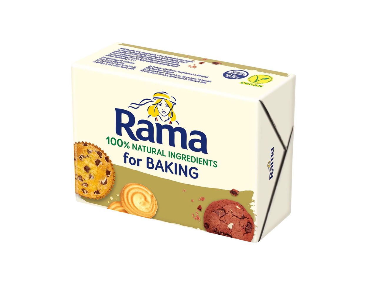 Rama csomagolás: Vegán vaj, 100% természetes összetevő sütéshez.