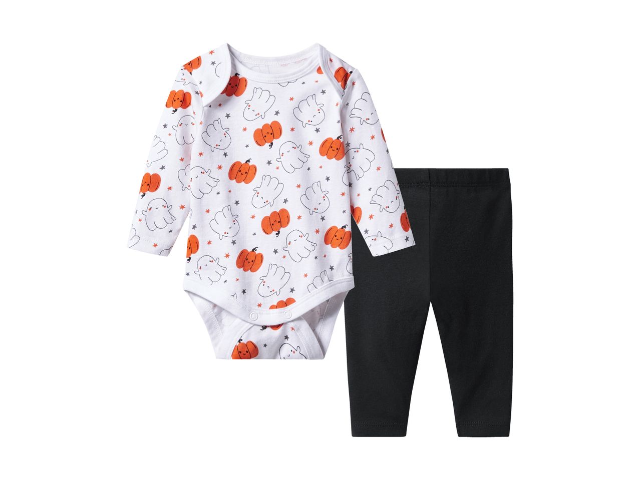 Baby Halloween-themed bodysuit with ghosts and pumpkins, paired with black leggings