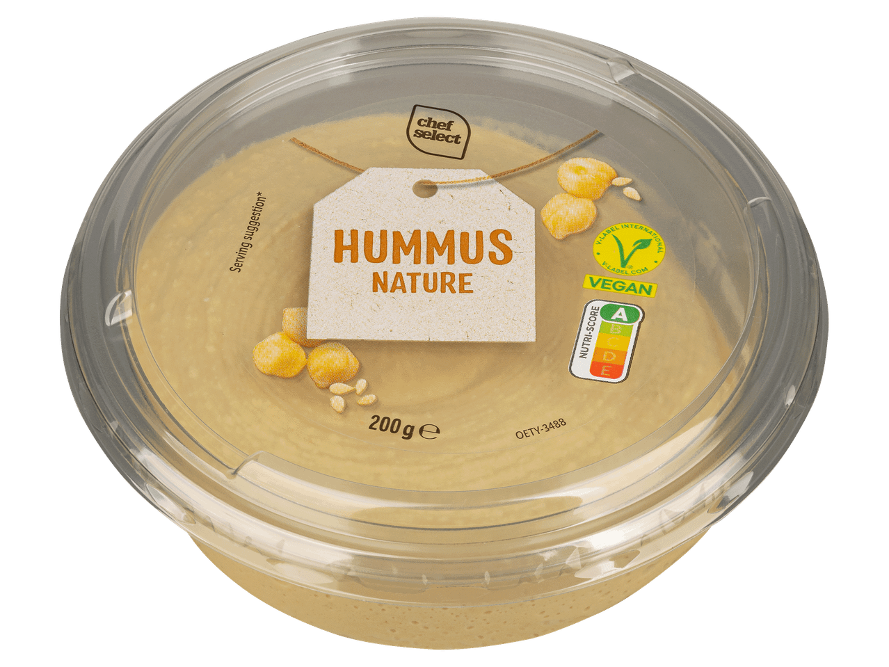 200 g-os natúr hummusz átlátszó műanyag tégelyben.