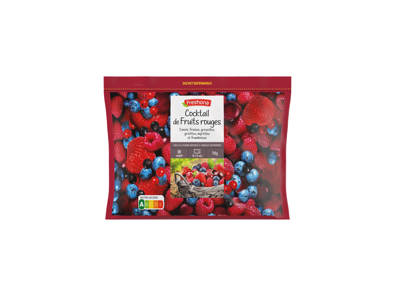 Cocktail de fruits rouges Freshona avec cassis, fraises, groseilles, griottes, myrtilles et framboises.
