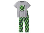 Minecraft pajamas featuring a gray short-sleeve top with a green creeper cube and matching green and black patterned pants.
