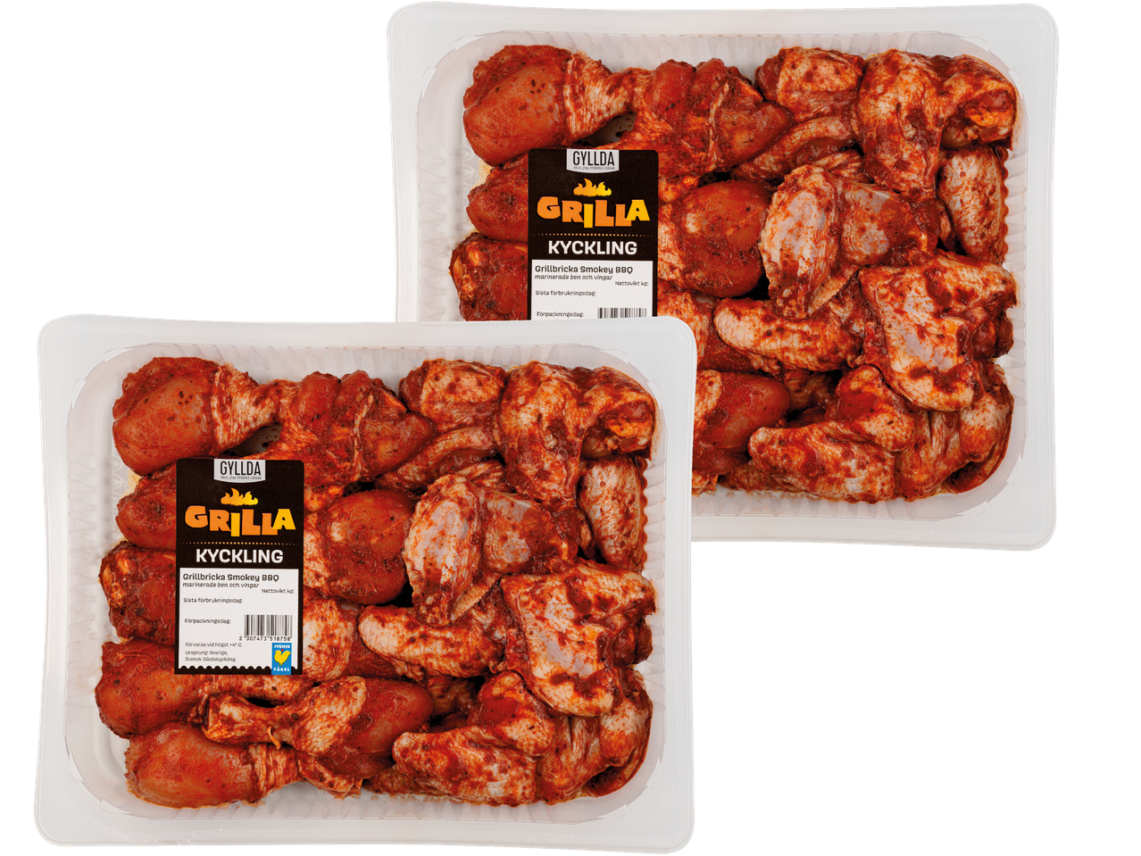 Två förpackningar Gyllda Grilla Kyckling, marinerade kycklingben och -vingar, redo för grillning.