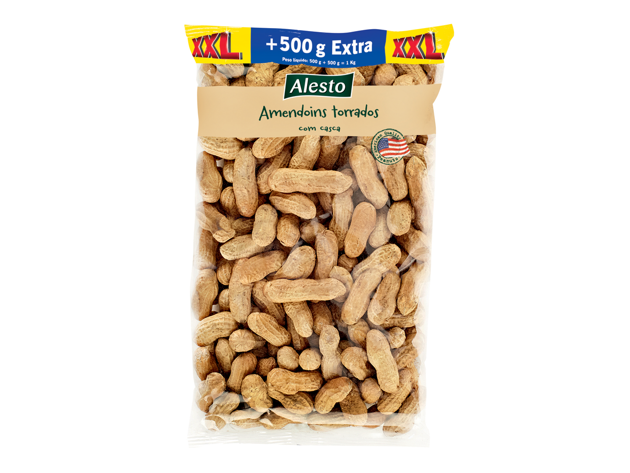 Pacote de amendoins torrados Alesto com casca, tamanho XXL, com 500g extra.