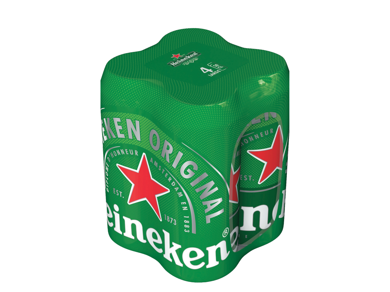 Pakovanje od 4 limenke Heineken piva, zelene boje sa crvenom zvezdom.