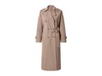 Long beige trench coat with a double-breasted front, belted waist, and button details.