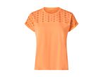 Orange women's T-shirt with eyelet embroidery on the shoulders and sleeves.