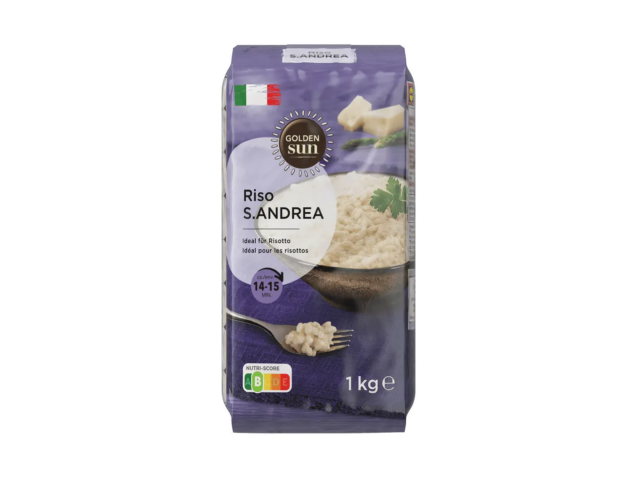 Packung S. Andrea Reis für Risotto, mit Kochzeit und Nutri-Score.