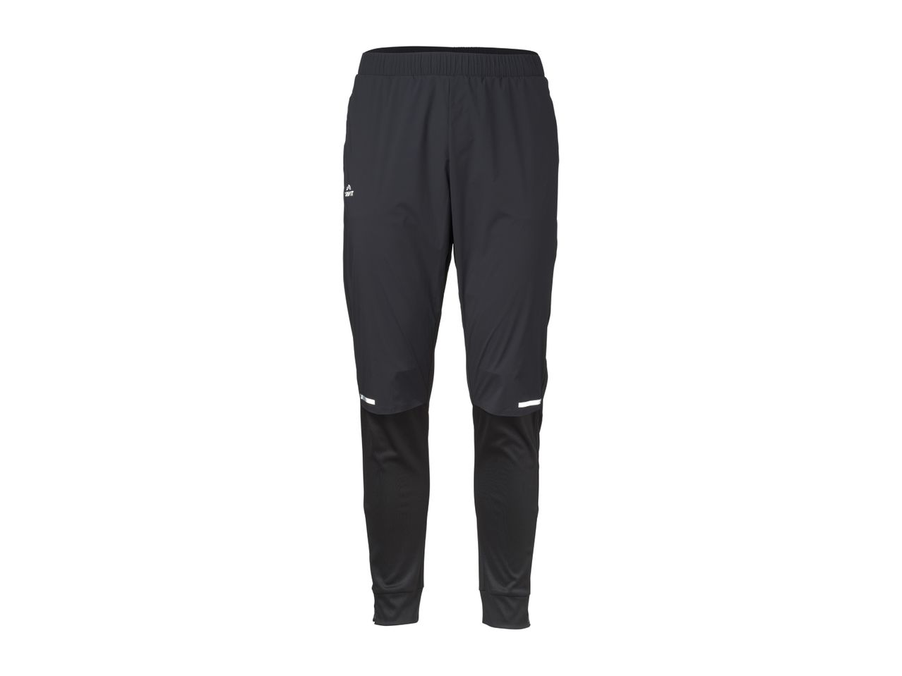 Black men's sports trousers with reflective details and an elastic waistband.