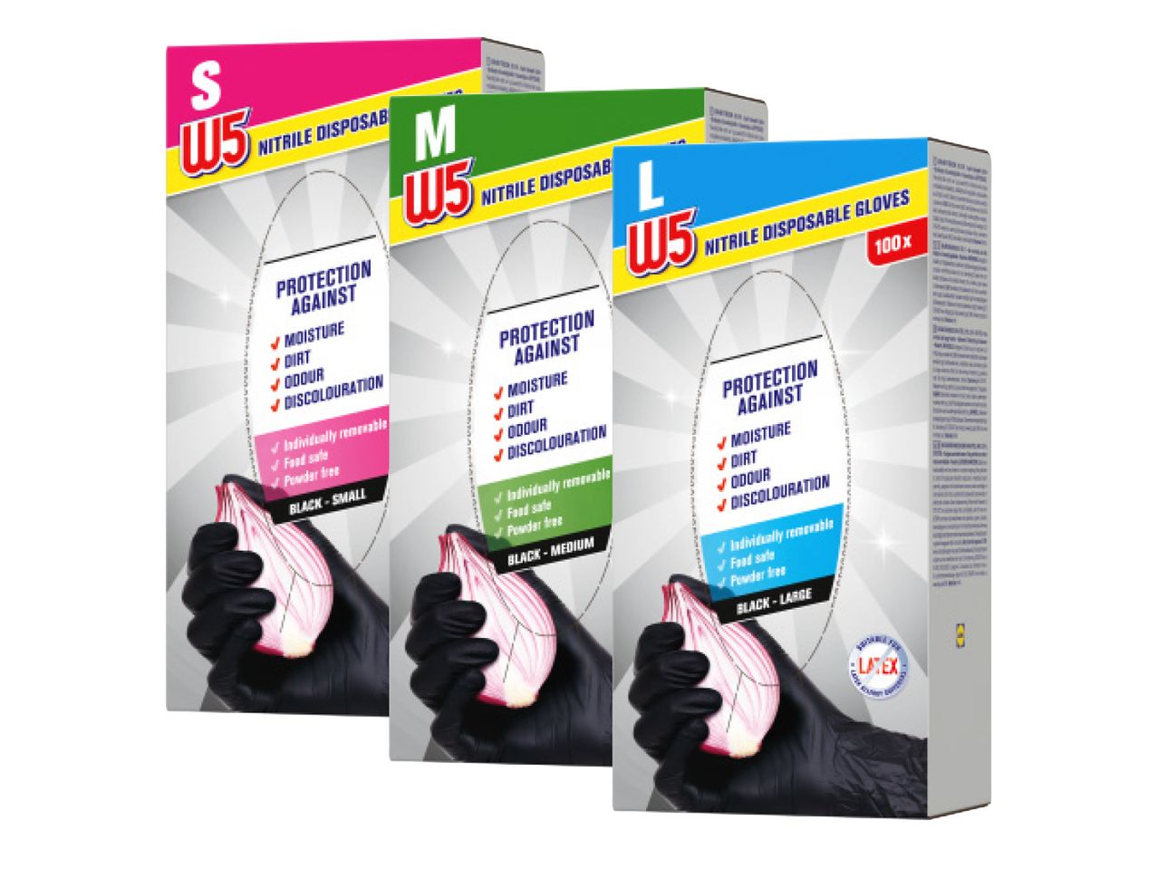 Scatola di guanti in nitrile W5, disponibili in tre taglie: S, M, L.
