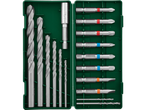 A set of drill bits and screwdriver bits in a green case, featuring various sizes and types.