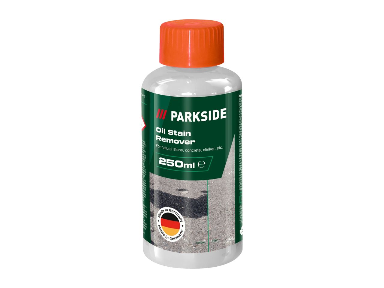 Oil stain remover for natural stone, concrete, and clinker, 250ml bottle.