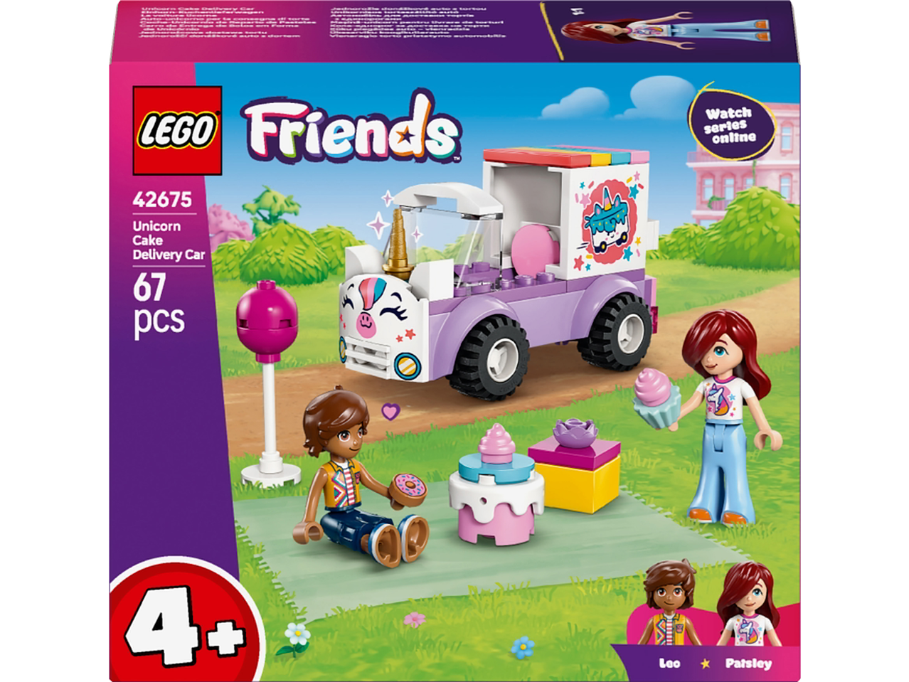 LEGO Friends komplekt lilla ükssarviku koogiveoauto ja kahe figuuriga.
