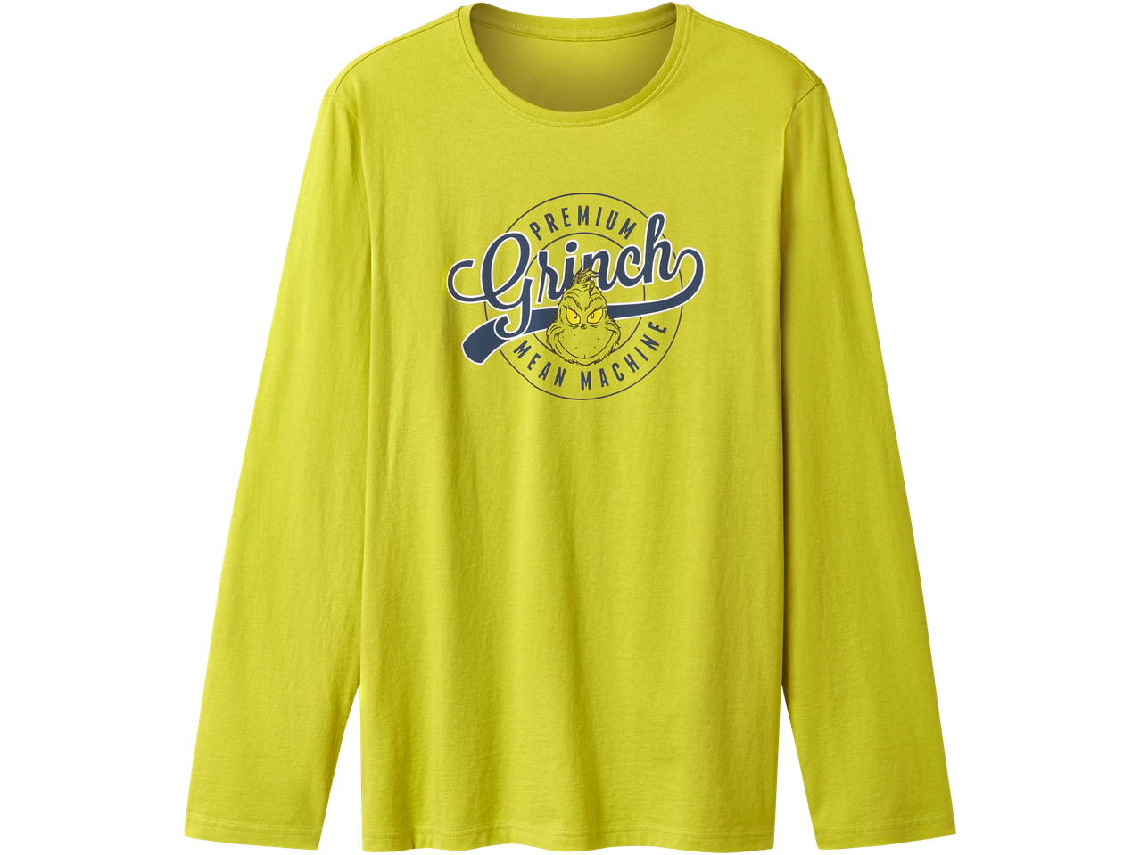 Grinch Men's Pyjamas top in lime green with a Grinch graphic and 'Premium Mean Machine' text.