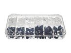 A clear plastic case filled with assorted white and black cable clips and nails.
