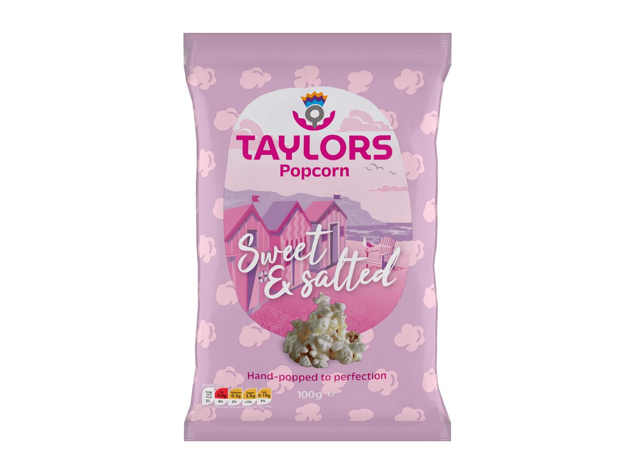 Sweet & Salted Popcorn in a pink bag with beach huts and a seaside scene.