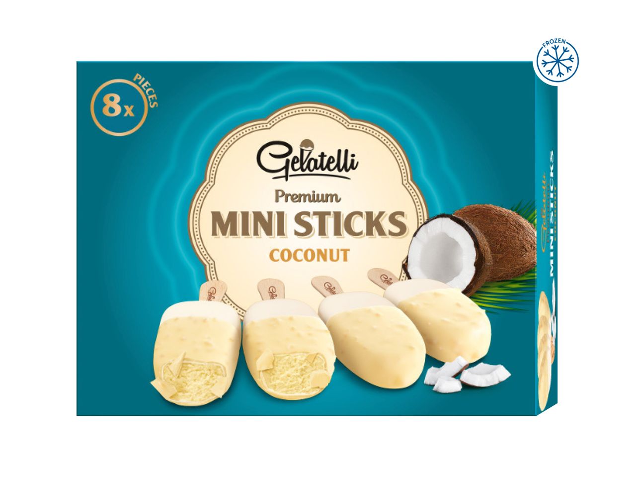 Premium Mini Sticks Coconut: A box of eight white chocolate coconut mini sticks.
