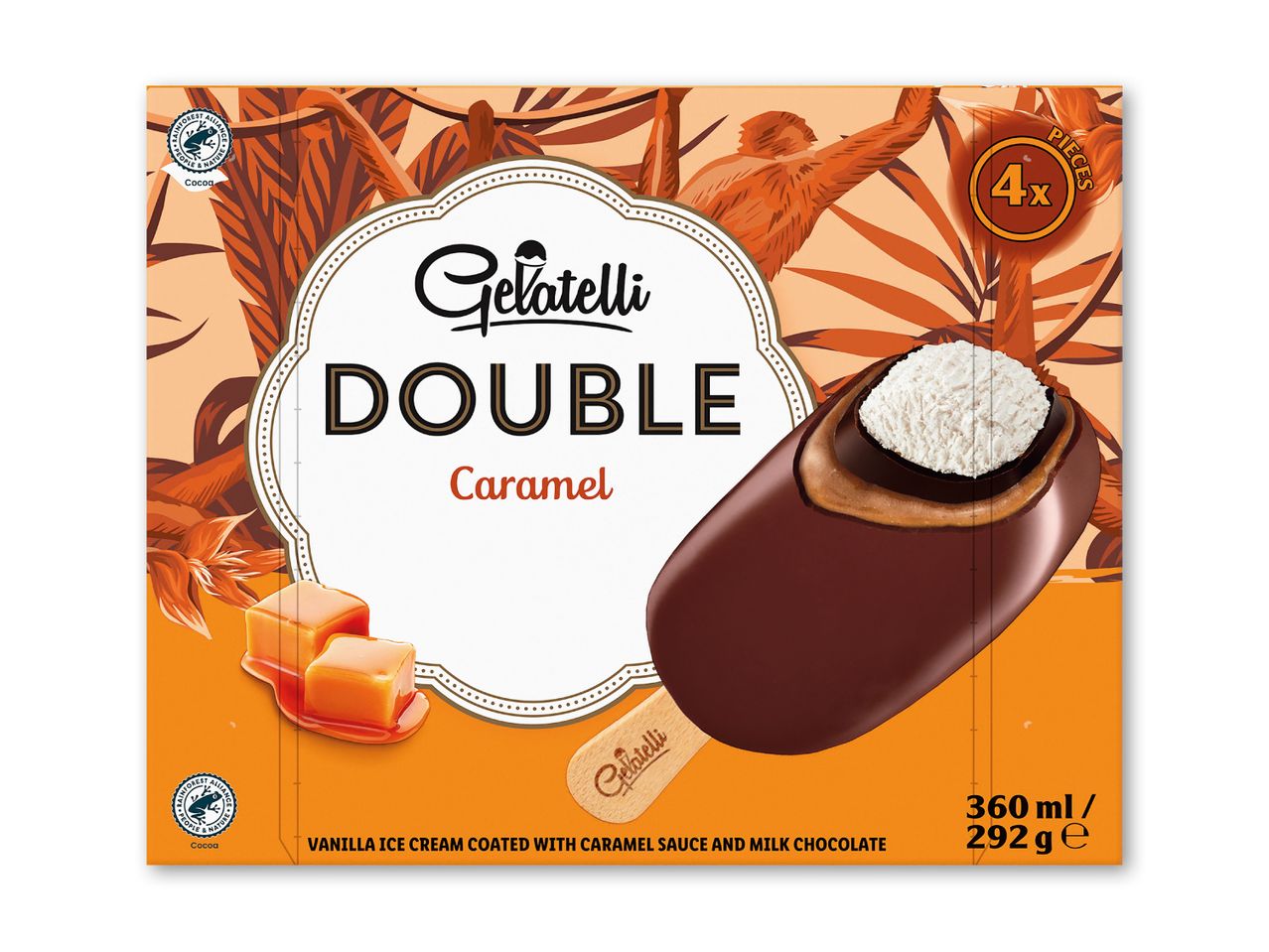 Pakke med vaniljeis med karamelsauce og mælkechokolade, 4 stk.