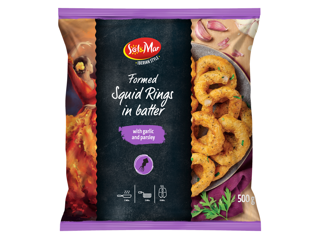 Anéis de lula panados Sol&Mar com alho e salsa, 500g.