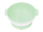 Light green and white collapsible silicone bowl with handles, top view