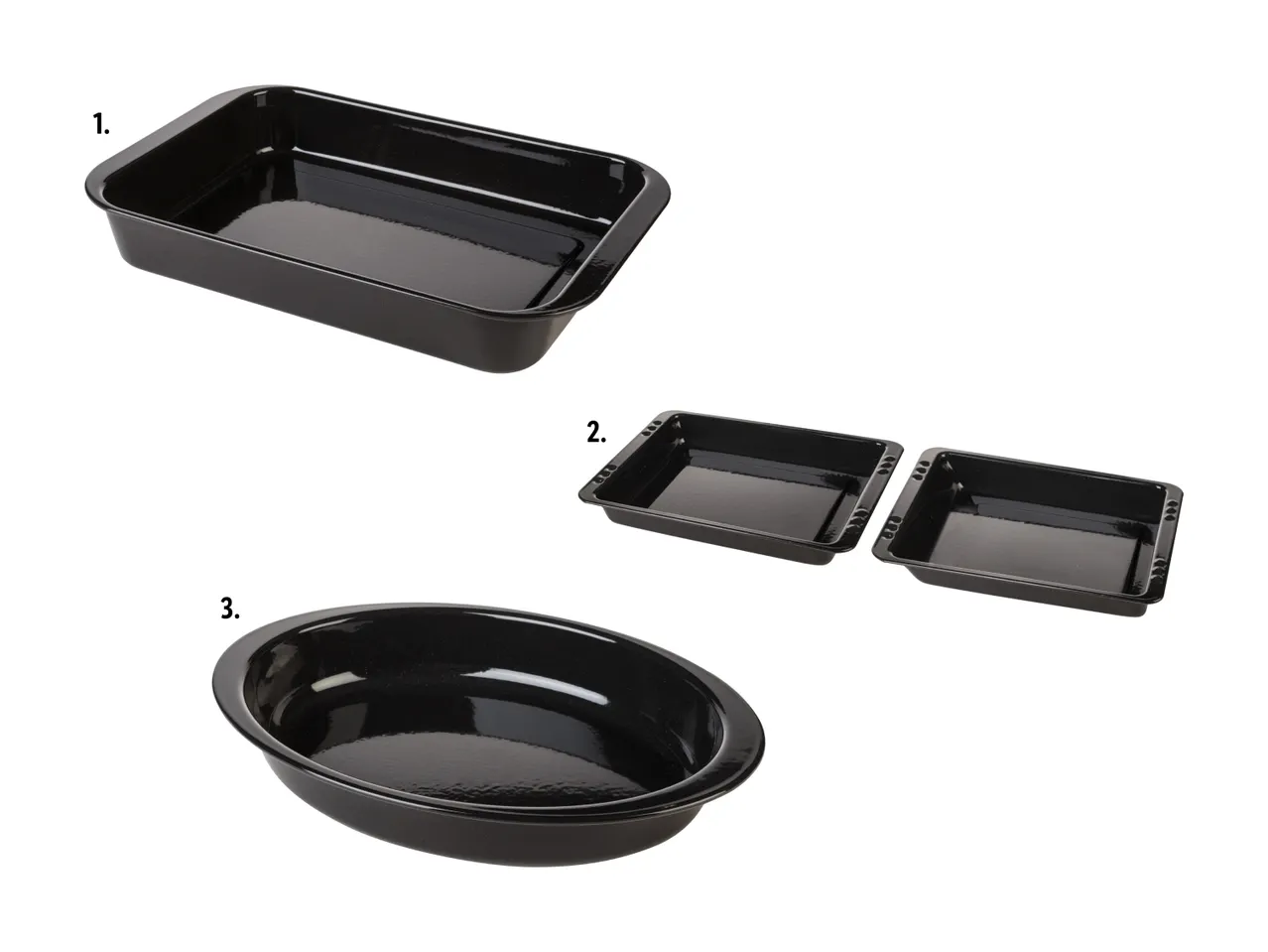 Set schwarzer Backformen: ein großes Rechteck, zwei Quadrate und eine ovale Form.