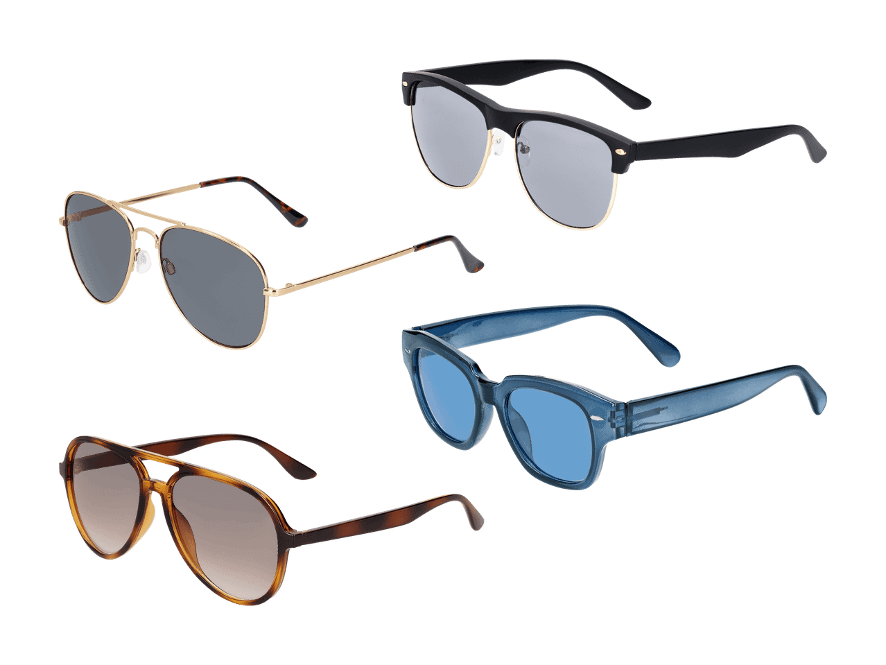Vier Sonnenbrillen in verschiedenen Stilen: goldene Pilotenbrille, schwarze Clubmaster, blaue Wayfarer und braune Pilotenbrille.