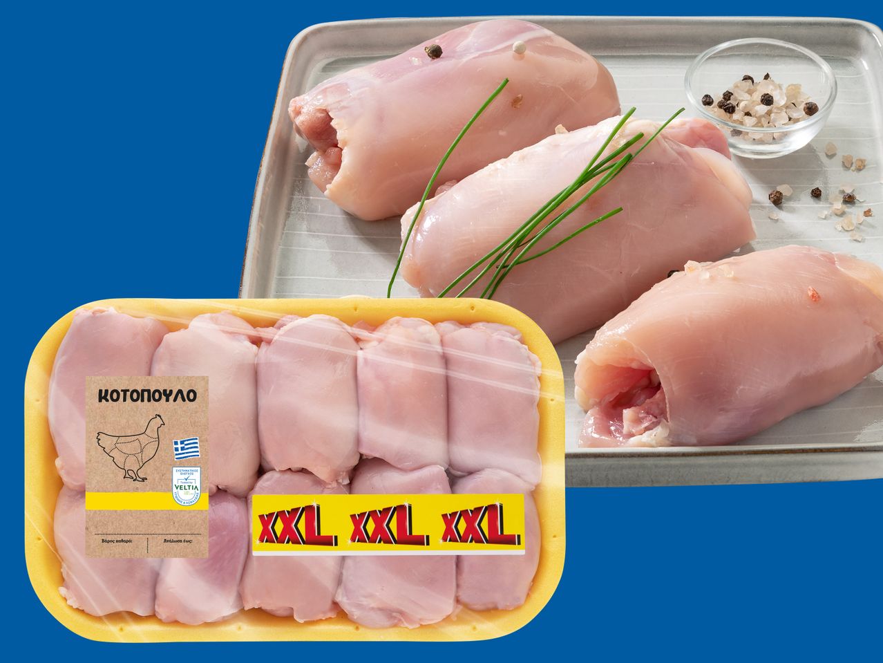 Συσκευασμένα φιλέτα κοτόπουλου XXL και φιλέτα κοτόπουλου σε δίσκο με μπαχαρικά.