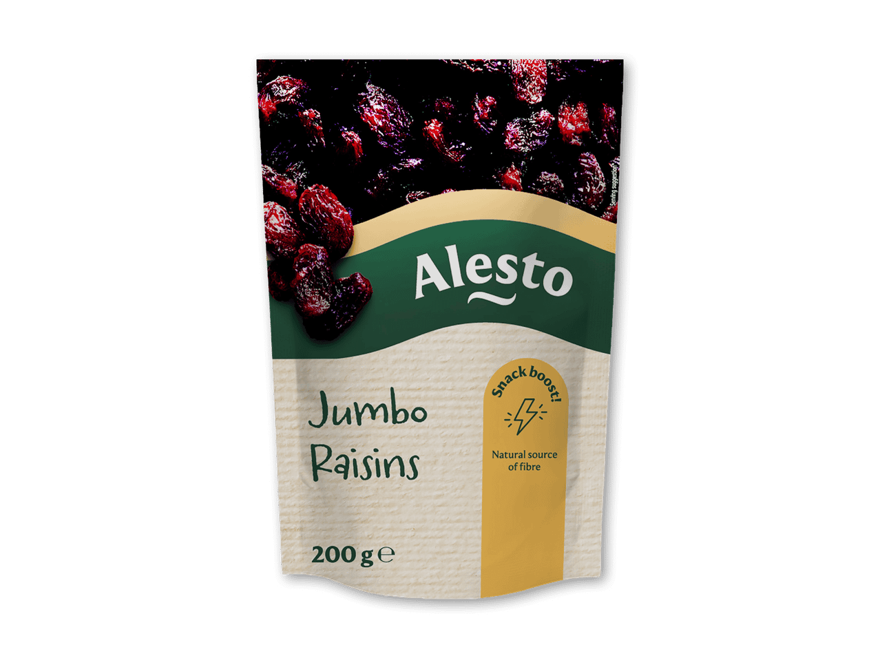 En pose med jumbo rosiner, der fremhæver, at de er en naturlig kilde til fibre.