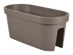 Brown oval balcony planter with a cut-out for railing attachment.