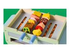 Wooden toy barbecue with skewers of colorful food pieces like meat, vegetables, and fruit.