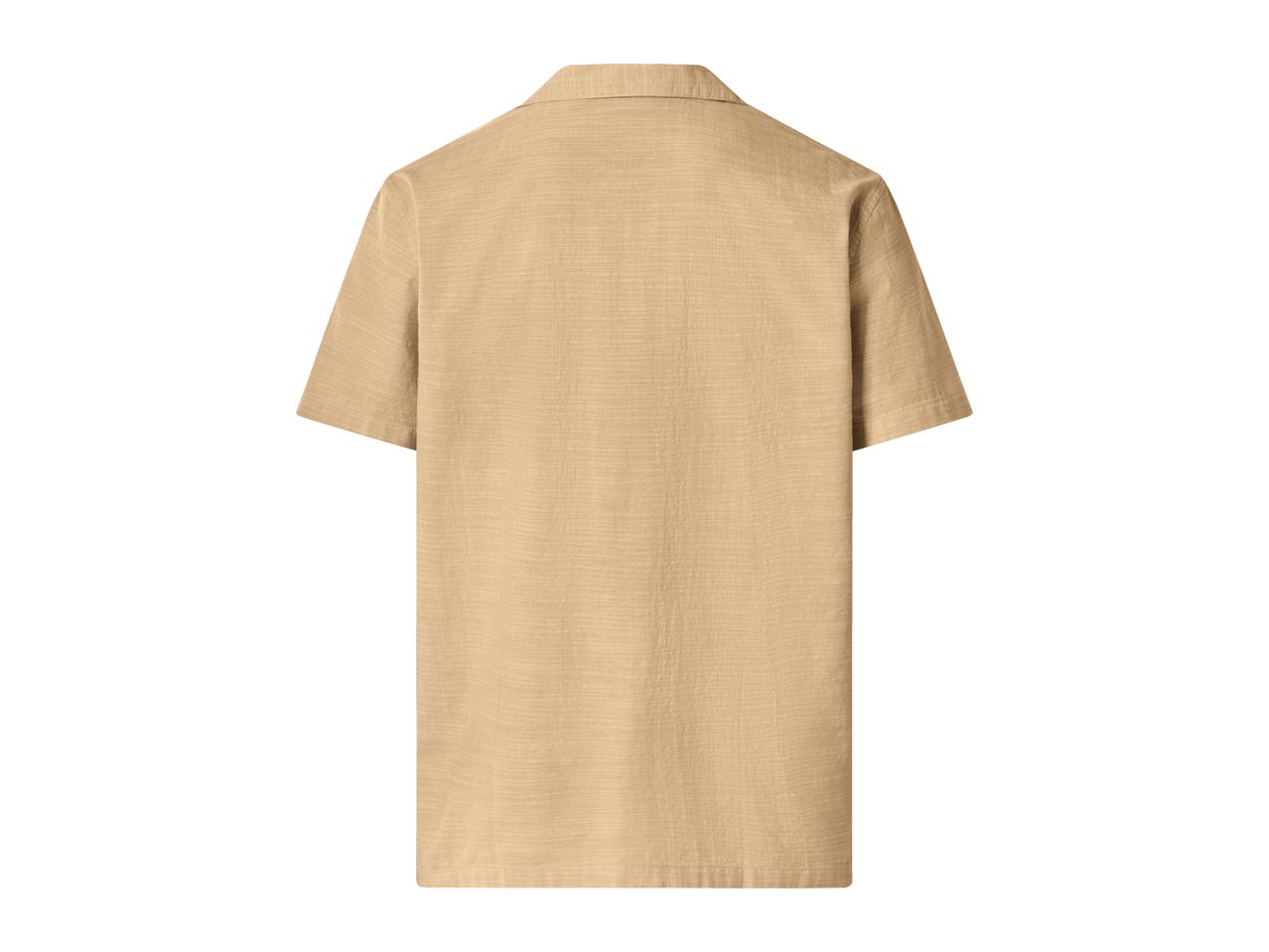 Back view of a men's short-sleeved collared shirt in a light beige color with a textured fabric.