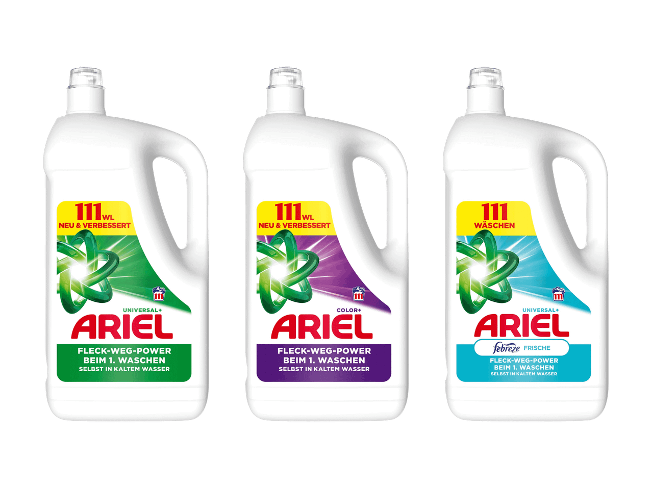 Drei Flaschen Flüssigwaschmittel, eine Universal-, eine Farb- und eine Frischevariante.