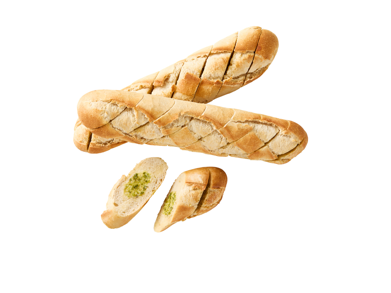 Česnakinės bagetės, viena visa ir viena supjaustyta su žaliu česnakiniu sviestu.