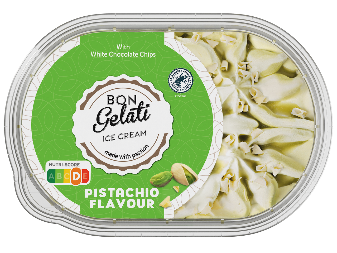 Сладолед с вкус на шамфъстък с бял шоколад, с надпис „Bon Gelati Ice Cream, made with passion“