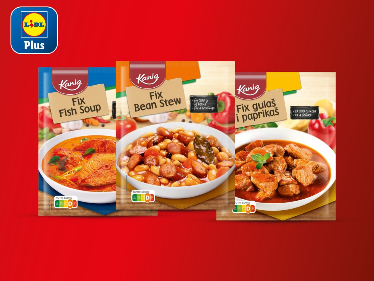 Tri pakiranja Kanijinih 'Fix' začina za juhu od ribe, grah i gulaš s paprikom, Lidl Plus.