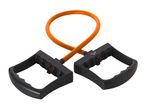 Orange resistance band with black handles for fitness exercises.