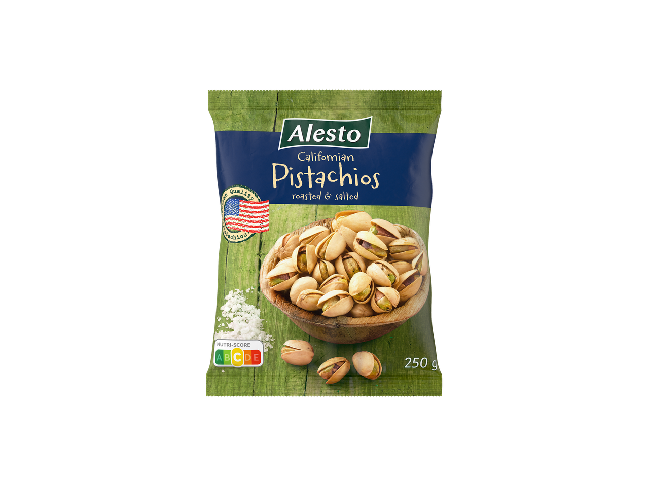 Alesto Kalifornijas grauzdētas un sāļotas pistācijas, 250 g iepakojums.