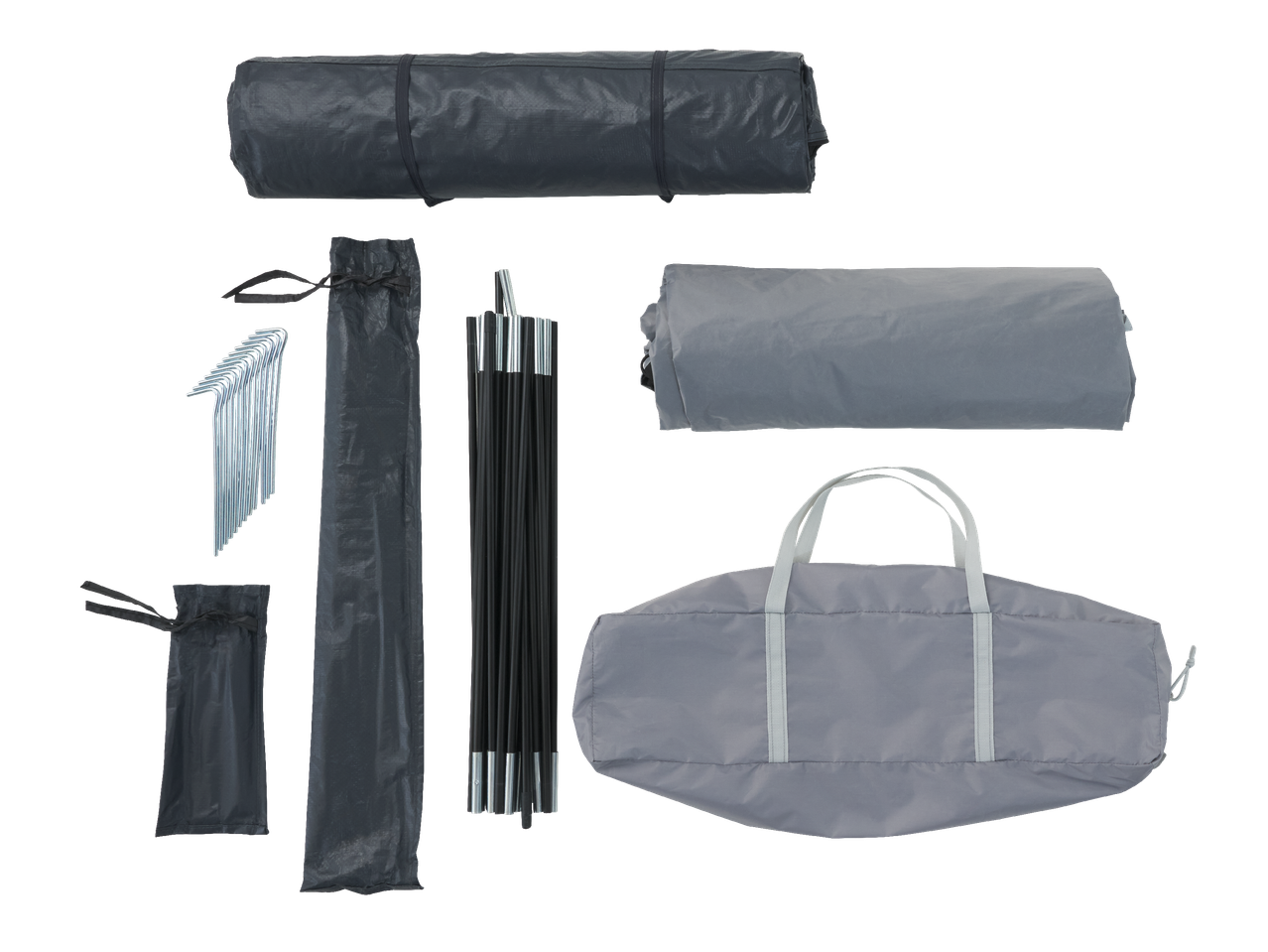 Комплект за къмпинг, включващ сгънати палатки, колчета, рейки и чанти за съхранение.