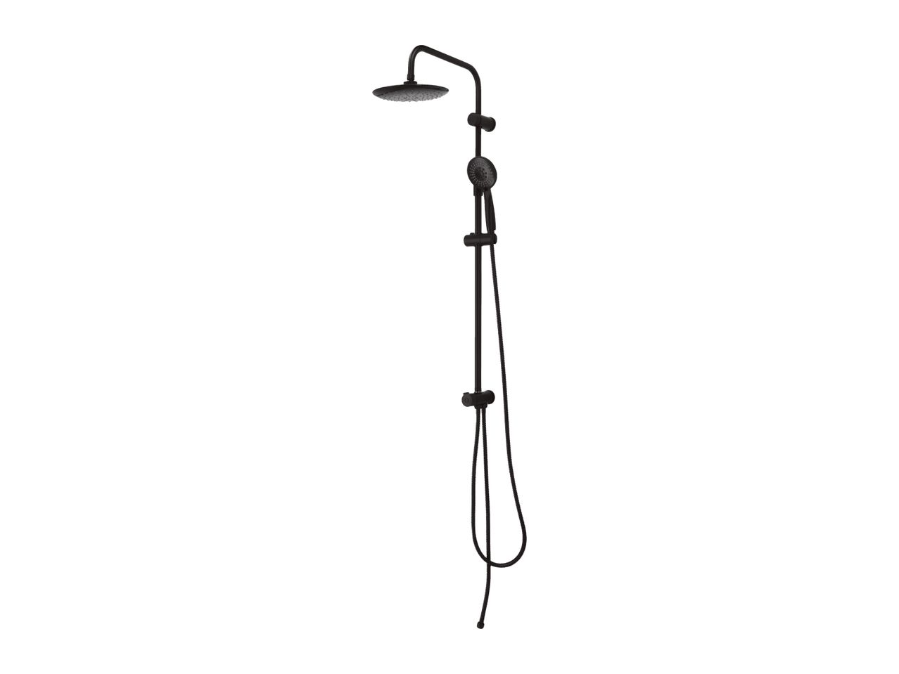 Black shower column with a round overhead shower and a handheld shower.