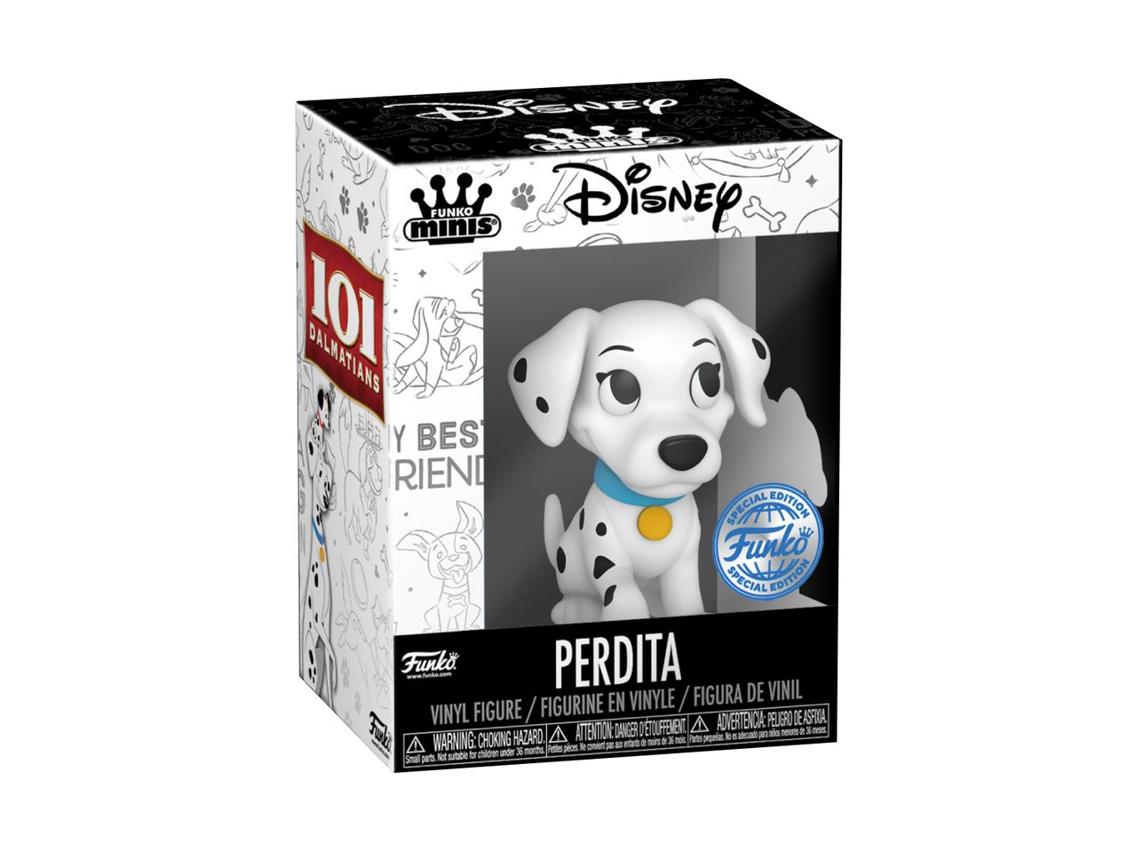 Hvid og sort plettet hundefigur i en hvid og sort æske med teksten '101 DALMATIANS'.