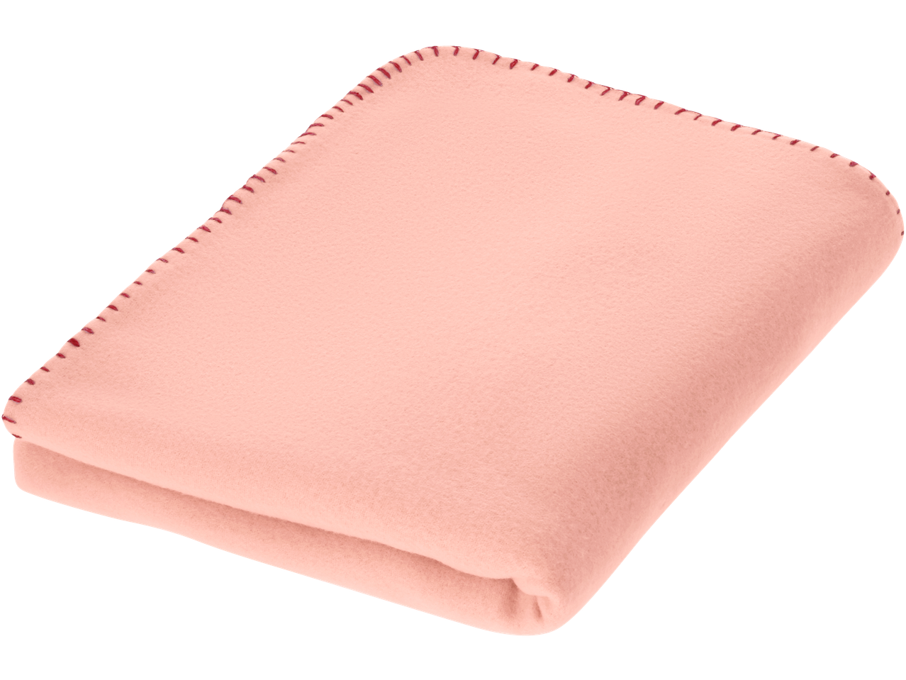 Presavijeno roze ćebence od flisa sa crvenim šivenim ivicama.