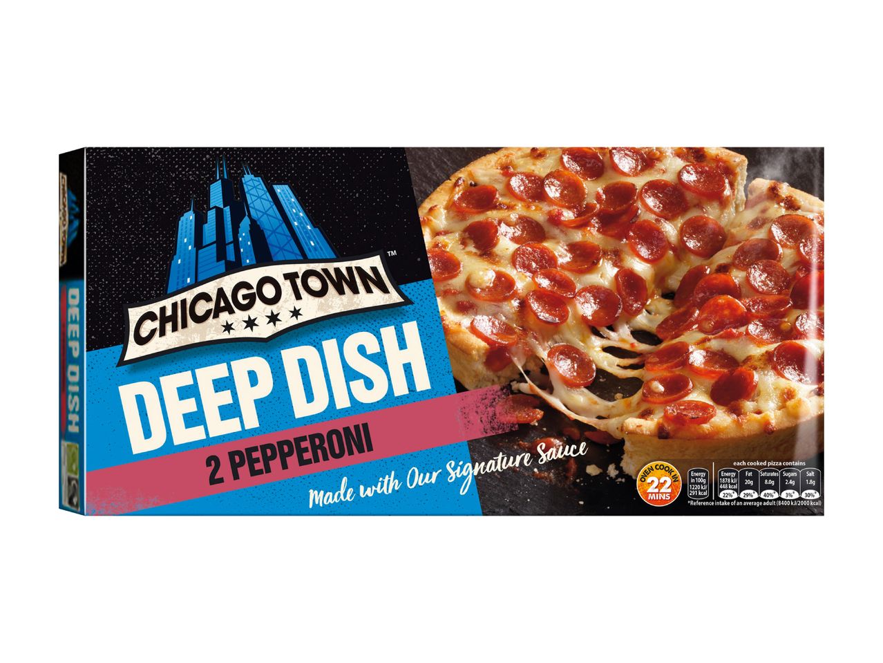 Chicago Town: frozen pizza, 2 Pepperoni, deep dish.